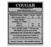 Neuer Reifendruck Aufkleber früh 1967 Mercury Cougar Handschuhfach Decal Sticker