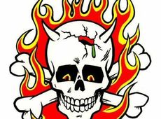 Aufkleber Schädel m. Flammen Kozik Flaming Devil Skull Rat Rod RockaBilly Psycho