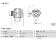 Generator | Bosch, Abstand von Riemenscheibe zum Generator: 69,1 mm, Befestigungsart: Doppelschwenkarm Drehrichtung: Drehrichtung im Uhrzeigersinn