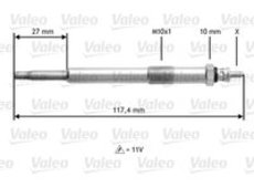 Glühkerze | Valeo, Anschlusstechnik: M4, Gewindemaß: M10X1 Länge über Alles: 117,4 mm