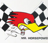 Mooneyes Aufkleber, Mr. Horsepower m. Race-Flag, rechts, Clay Smith, Woodpecker