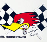 Mooneyes Aufkleber, Mr. Horsepower m. Race-Flag, links, Clay Smith, Woodpecker
