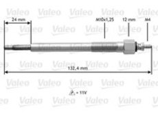 Glühkerze | Valeo, Anschlusstechnik: M4, Gewindemaß: M10X1.25 Länge über Alles: 132,4 mm